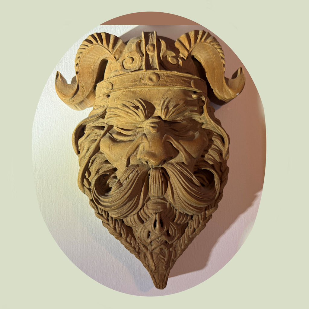 Detailed CNC wood carving of Viking warrior from STL file